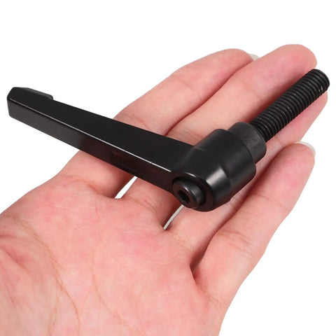 Zero Hassle Adjustable Clamping Lever Handle in hand, showing durable aluminum alloy construction for industrial machinery.