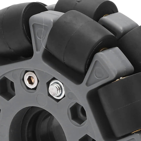 Close-up of 100mm double plastic omnidirectional wheel with nylon body, featuring rubber rollers for smooth robotics movement.