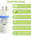 Image of CBB60 40uF 450V AC Round Run Start Capacitor For Motors 50 60Hz with details on capacitance, tolerance, shape, and voltage.