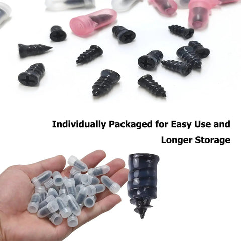 No Sweat Screw In Tire Plugs Repair Kit with heavy duty vacuum spiral screws in assorted sizes for tire repairs.