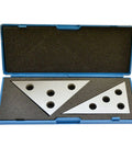 Front view: two metal triangle precision angle blocks in a blue plastic case with multiple holes for gauging
