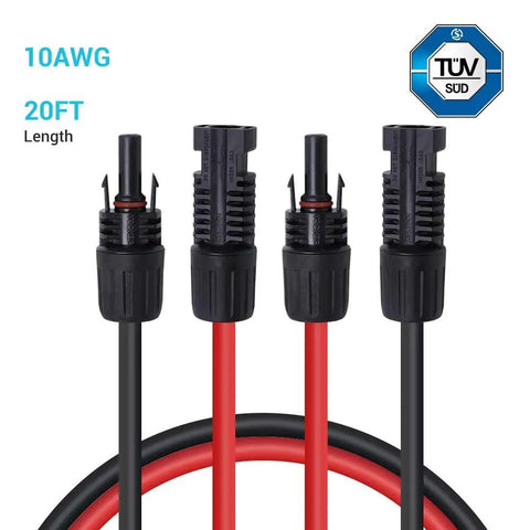 Beefy 20Ft Solar Panel Extension Cable 10 AWG with male and female connectors, red and black leads, TUV certified, UV resistant.