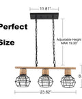 Farmhouse Three Light Bamboo Cage Pendant Light With Hemp Rope Accent Black Finish showing dimensions and adjustable chain