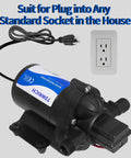 Three-Chamber 110V AC RV Water Pump With Filter, Self Priming Inline On Demand Washdown beside wall socket