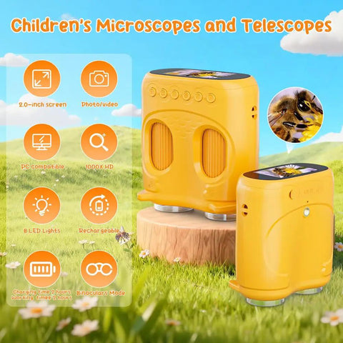 Cool 2-In-1 Kids Microscope And Telescope With 1000X Digital Zoom, HD Portable Science Toy For Ages 4-12, Learn Plants Insects And Birds, Educational Birthday Gift, Yellow with 2.0-inch screen and LED lights
