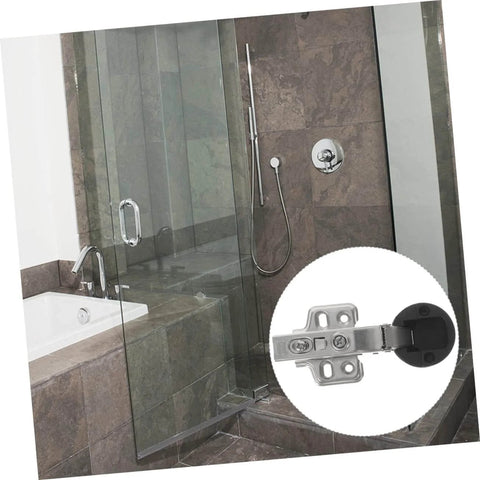 Four Pack Soft Close Glass Door Cabinet Hinges With Damping For Frameless Cabinets Smooth Silent Closing For Kitchen And Bathroom Durable Cold Rolled Steel Easy Install Hardware For Residential And Commercial Use displayed in bathroom setting.