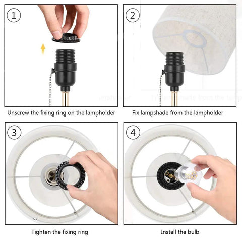 Assembly steps for Gold Marble Base Bedside Table Lamp For Bedroom And Office, showing fixing ring and bulb installation.