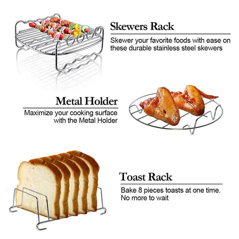 Image of skewers rack, metal holder, and toast rack from Game Changing 11 Piece Air Fryer Accessories Kit With Recipe Cookbook.