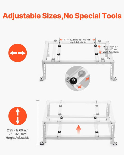 Image of Heavy Duty Mini Split Ground Stand With Adjustable Anti Vibration Support for 9000 to 24000 BTU, showing size adjustments.