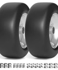 Flat Free 11x4-5 Lawn Mower Front Tires For Zero Turn Mowers, Solid Tire With Three Quarter, Five Eighths And One Half Bearings, Three Point Four To Five Point Eight Hub, 2 Pack Gray, 350 Pound Capacity, For Home And Pro Work, front view.