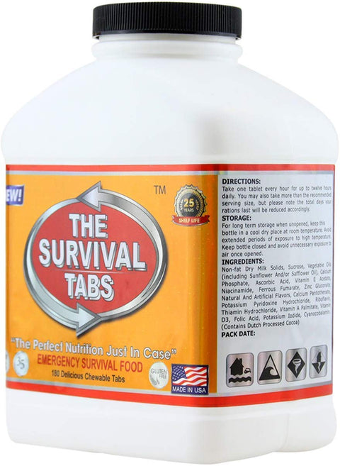 180 Tabs Emergency Food Supply, 15 Day Survival Meals, Gluten Free Non GMO MRE Style, Vanilla Flavor bottle label view