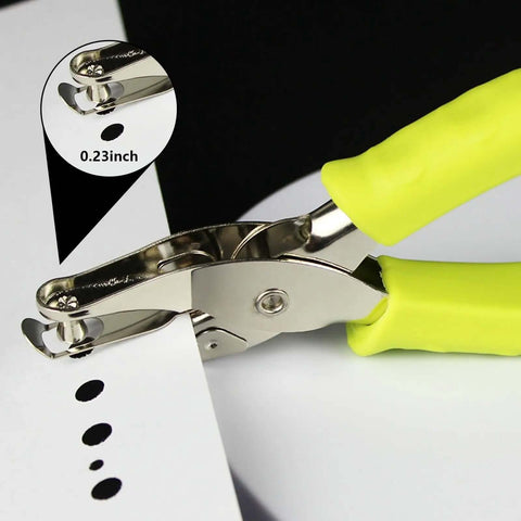 12 Piece Multicolor Single Hole Puncher Set demonstrating precise 1/4 inch hole punch on paper, metal handheld with soft grip for crafts