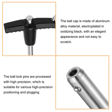 Two Pack T Handle Lock Pins 6mm x 40mm Stainless Steel Push Button Quick Release Pins close-up with black aluminum cap