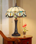 Cream Crystal Tiffany Style Table Lamp with Stained Glass Shade 16x16x24 Inches on wooden desk, vintage decor light
