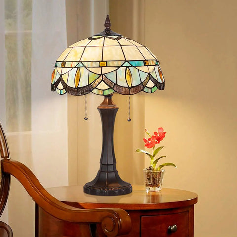 Cream Crystal Tiffany Style Table Lamp with Stained Glass Shade 16x16x24 Inches on wooden desk, vintage decor light