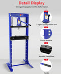Badass 12 Ton Hydraulic Shop Press Workhorse With Adjustable Height And Sliding Plates For Crushing Bearings Bending Steel And Serious Automotive Repair Tasks In Garage, showcasing a sturdy blue frame and bottle jack.