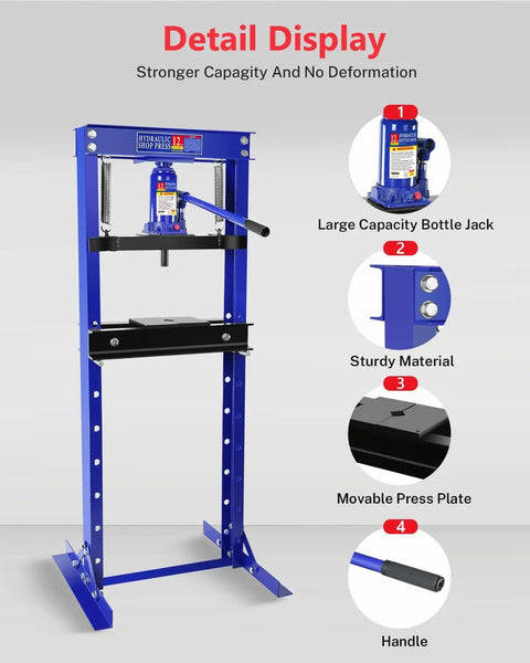 Badass 12 Ton Hydraulic Shop Press Workhorse With Adjustable Height And Sliding Plates For Crushing Bearings Bending Steel And Serious Automotive Repair Tasks In Garage, showcasing a sturdy blue frame and bottle jack.