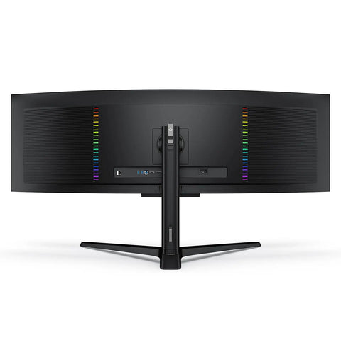 Rear view of 49 Inch OLED Ultrawide Curved Monitor With 5120x1440 Resolution And 144Hz Refresh, showing ports and adjustable stand.