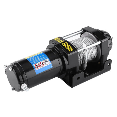 Heavy Duty 4000lb Electric Steel Cable Winch For Car And Truck With 15 Meter Rope To Haul ATVs Quads Off Trail Get Your Rig Unstuck Fast, close-up view.