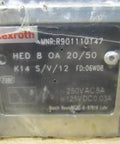 Close-up of label on Hydraulic Solenoid Valve HED 8 OA 20/50 K14 S/V/12 R901110147, showing specifications and branding.