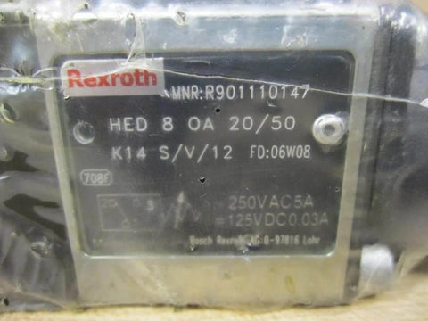 Close-up of label on Hydraulic Solenoid Valve HED 8 OA 20/50 K14 S/V/12 R901110147, showing specifications and branding.