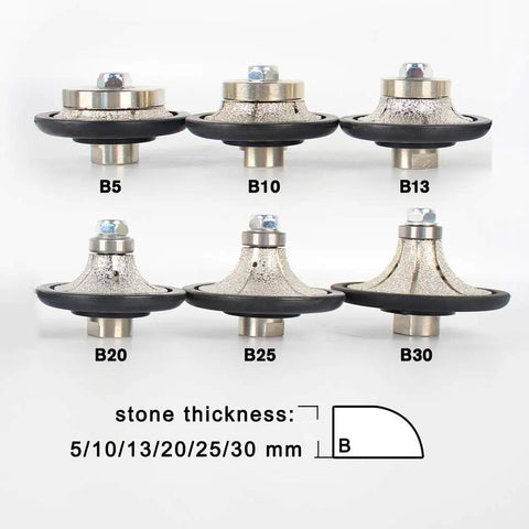 Different sizes of stone routing bits for granite countertops, including a 3/16in demi-bullnose diamond hand profiler router bit.