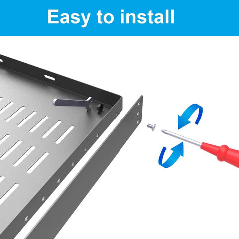 Installing 1U Universal Server Rack Shelf For 19-Inch Racks, 10-Inch Deep, Steel Ventilated Cantilever Tray with screwdriver and screws