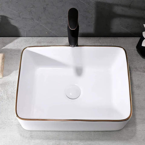 Modern White Vessel Sink For Bathroom Rectangular Porcelain Wash Basin 19x15 Inch Ceramic Lavatory Vanity Cabinet Easy Install