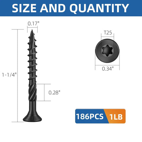 Eight By One And One Quarter Inch Heavy Duty Black Deck Screws Torx Drive With T25 Bit For Outdoor Wood Decking And Fencing Rust Resistant 1 Lb 186 Pieces