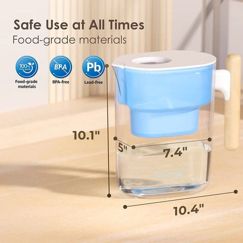 PT04B Water Filter Pitcher With 10 Cup Capacity NSF Certified 200 Gallon Long Life Filter Blue BPA Free Wooden Handle