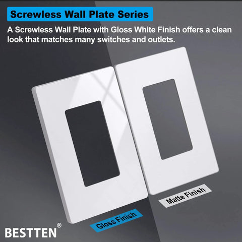 10 Pack Screwless Decorator Wall Plates For Receptacle And Switch, Gloss Snow White 1 Gang Faceplates shown with gloss finish