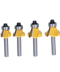 Get The Best Router Bit Set For Your Woodworking Projects With This 4 Piece Round Over Flush Trim Tool Kit Featuring Carbon Steel 1/4 Inch Shank Bits, four yellow and silver router bits with 1/4 inch shanks.