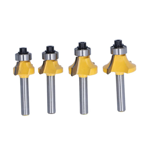 Get The Best Router Bit Set For Your Woodworking Projects With This 4 Piece Round Over Flush Trim Tool Kit Featuring Carbon Steel 1/4 Inch Shank Bits, four yellow and silver router bits with 1/4 inch shanks.