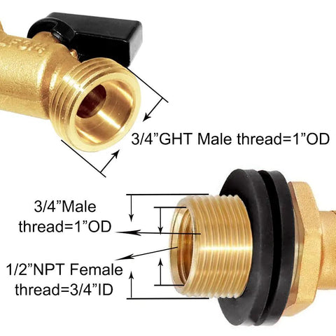 Diagram of Brass Rain Barrel Spigot with 3/4 Inch Threaded Inlet 1/2 Inch Female NPT and Garden Hose Outlet details. Outdoor watering use.