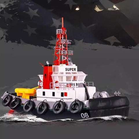 Heng Long 2.4G RC Fire Fighting Boat With Water Spray Cannon Realistic Remote Control Ship Model on display with water cannon.