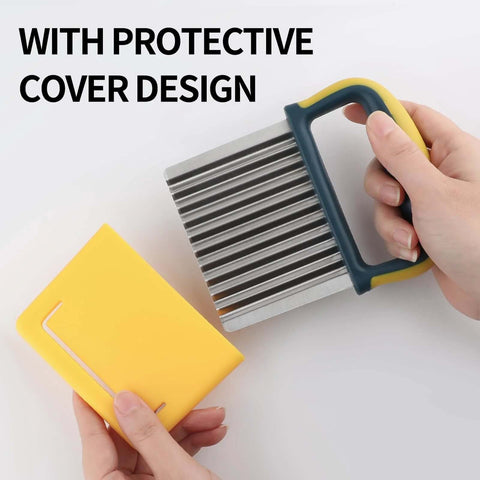 Stainless steel crinkle cutter with blue and yellow handle and yellow protective case, angled front view