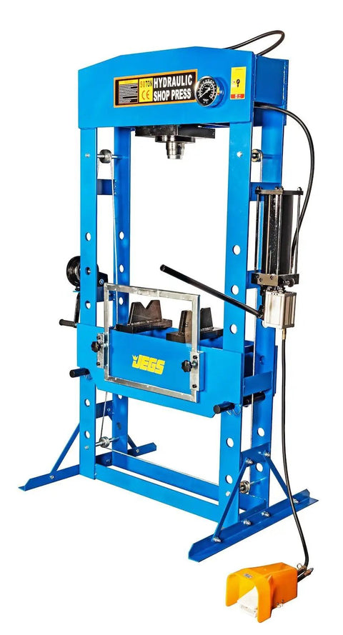 50-Ton Hydraulic Shop Press with air operated foot pedal, heavy-duty steel frame, floor mounted
