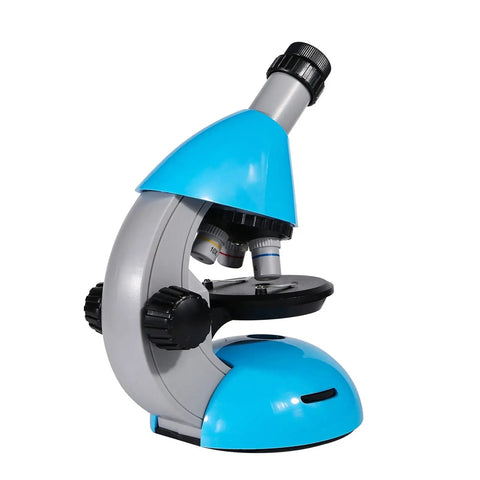 640X Student Microscope For Kids With HD High Power Optics, blue and silver design, side view showing objectives and knobs.