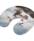 U Shaped Travel Neck Pillow With Skiing Squirrel Design shown in side view, ergonomic comfort for long flights, snug and cozy