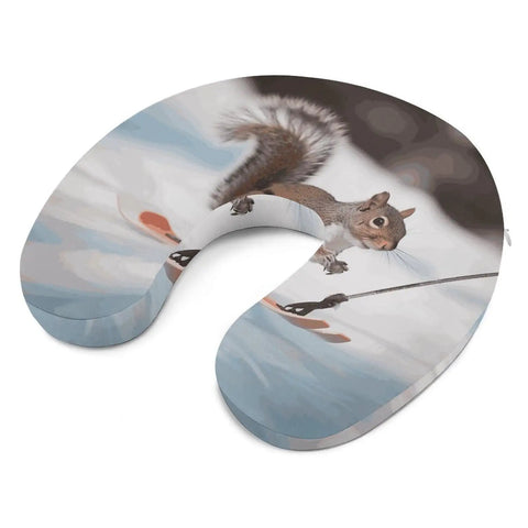 U Shaped Travel Neck Pillow With Skiing Squirrel Design shown in side view, ergonomic comfort for long flights, snug and cozy