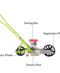 Precision Hand Push Garden Seeder With Adjustable Plant Spacing And Walk Behind Row Crop Planter shown with wheels and furrow plow