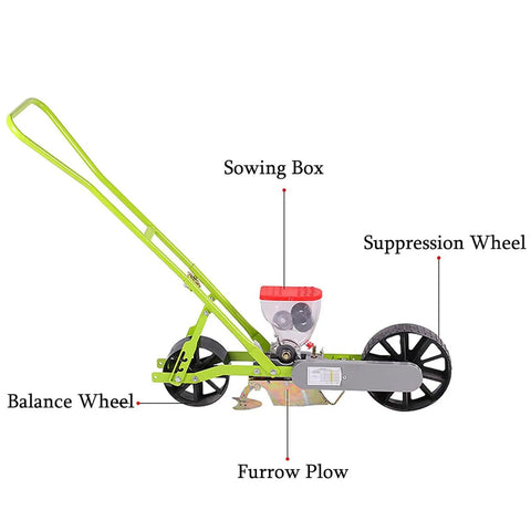Precision Hand Push Garden Seeder With Adjustable Plant Spacing And Walk Behind Row Crop Planter shown with wheels and furrow plow