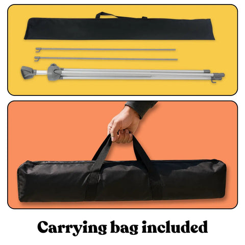Heavy Duty Adjustable X Banner Stand With Sturdy Aluminum Frame And Durable Travel Case with carrying bag and setup tools.