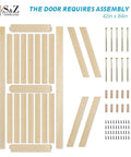 Unfinished Knotty Barn Door 42 By 84 Inches With Classic British Brace Solid Spruce Wood Double Sided Surface Panels Includes 8 Ft Sliding Door Hardware Kit Simple Assembly Ready To Stain Or Paint Great For Modern Rustic Homes; unassembled door and hardware layout.