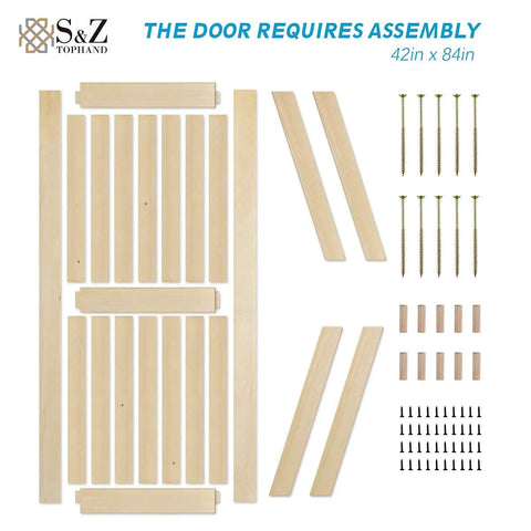 Unfinished Knotty Barn Door 42 By 84 Inches With Classic British Brace Solid Spruce Wood Double Sided Surface Panels Includes 8 Ft Sliding Door Hardware Kit Simple Assembly Ready To Stain Or Paint Great For Modern Rustic Homes; unassembled door and hardware layout.