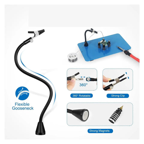 Heavy Duty Welding Stand With Magnetic Flexible Arm Holder And 3X LED Magnifying Lamp For Soldering And Repair showing flexible gooseneck and features