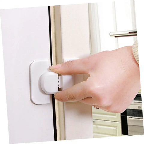 Hand demonstrating Six Pack Easy Install Kid Safe Locks For Cabinets Drawers And Refrigerators White Durable Latches For Home Use