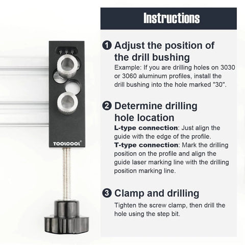 Instructions for using Aluminum Profile Drill Guide For Access Holes, showing drill jig setup on extrusion with guide clamp.