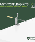 Anti-toppling kits with wall attachment hardware to prevent tipping and wobbling, featuring a metal bracket, screw, and plug.