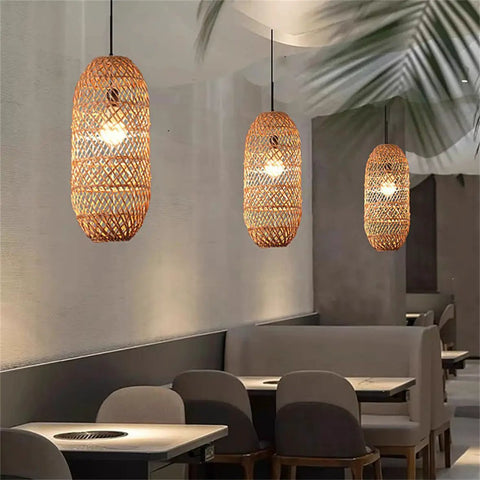 LQZCXMF Living Room Rattan Pendant Light 22.8" H Large Wicker Lamp Shade in modern dining space with woven design.